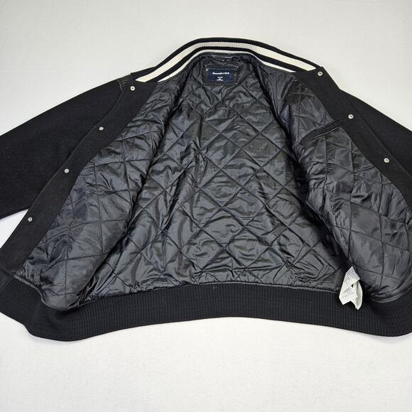 Abercrombie & Fitch Varsity Bomber Jacket Mens XL Wool Feel Relaxed Fit Black - Picture 7 of 10